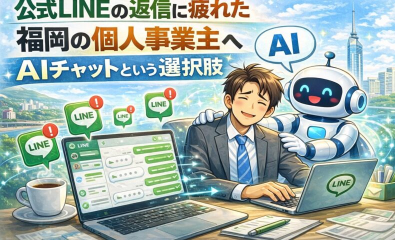公式LINEの返信に疲れた福岡の個人事業主が、AIチャットにより負担を軽減する様子を表したイメージ。LINE通知とAIロボットが描かれている。
