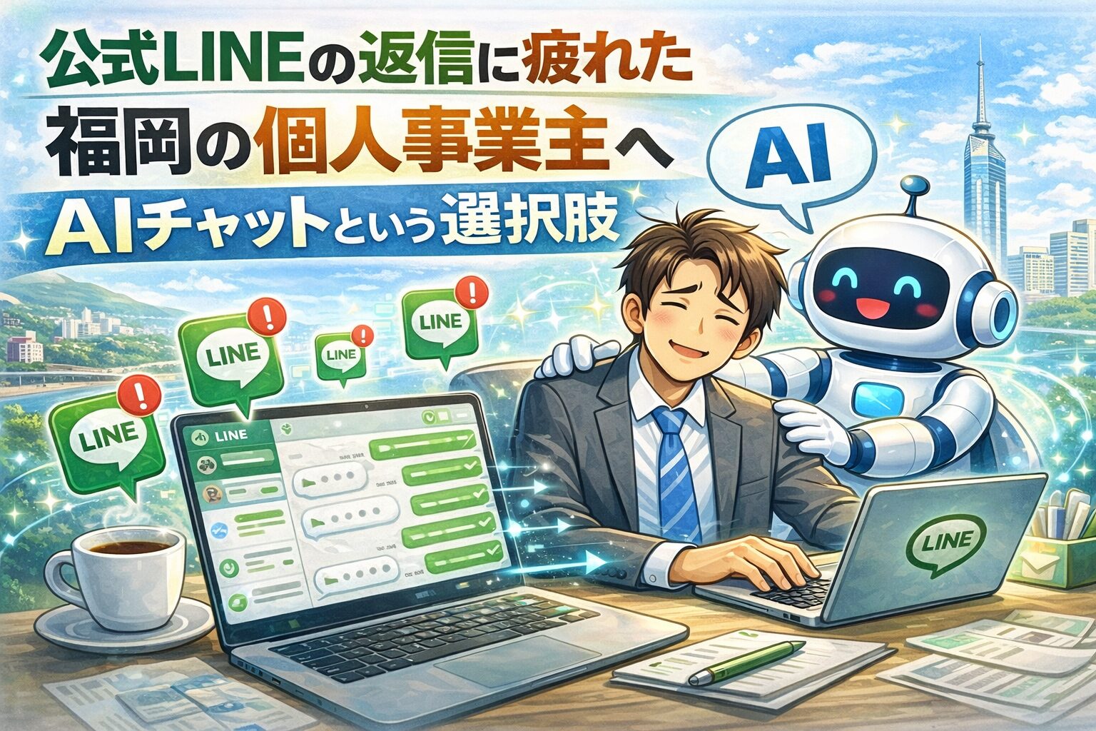 公式LINEの返信に疲れた福岡の個人事業主が、AIチャットにより負担を軽減する様子を表したイメージ。LINE通知とAIロボットが描かれている。