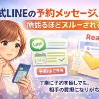 公式LINEのメッセージ画面を見つめて悩む女性が、予約を意識した送信内容に迷い、既読スルーへの不安を感じている様子を表現