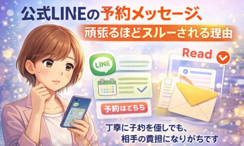 公式LINEのメッセージ画面を見つめて悩む女性が、予約を意識した送信内容に迷い、既読スルーへの不安を感じている様子を表現