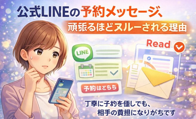 公式LINEのメッセージ画面を見つめて悩む女性が、予約を意識した送信内容に迷い、既読スルーへの不安を感じている様子を表現