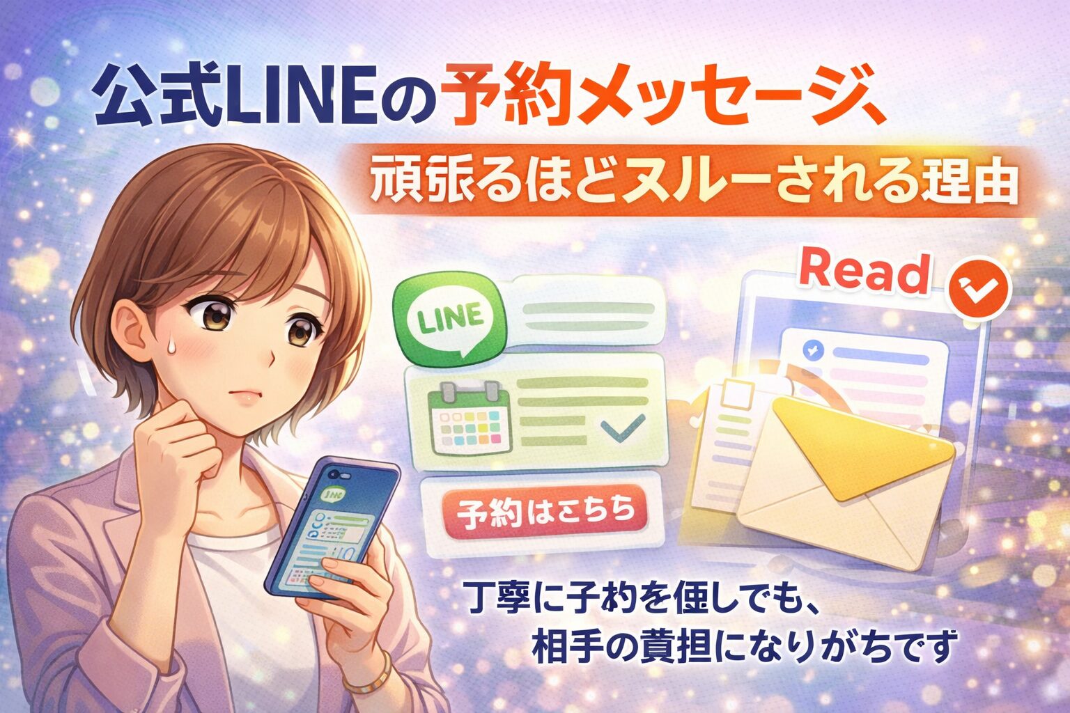 公式LINEのメッセージ画面を見つめて悩む女性が、予約を意識した送信内容に迷い、既読スルーへの不安を感じている様子を表現