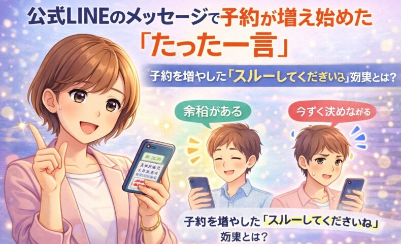 公式LINEのメッセージで予約が増えた事例を示し、短い一言が心理的負担を減らし反応率を高める流れを視覚的に表現した構成