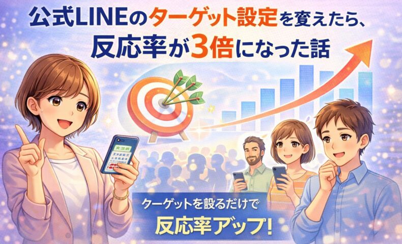 公式LINEのターゲット設定を見直し、的を絞った配信によって反応率が大きく向上する様子を、スマホと成長グラフで示している