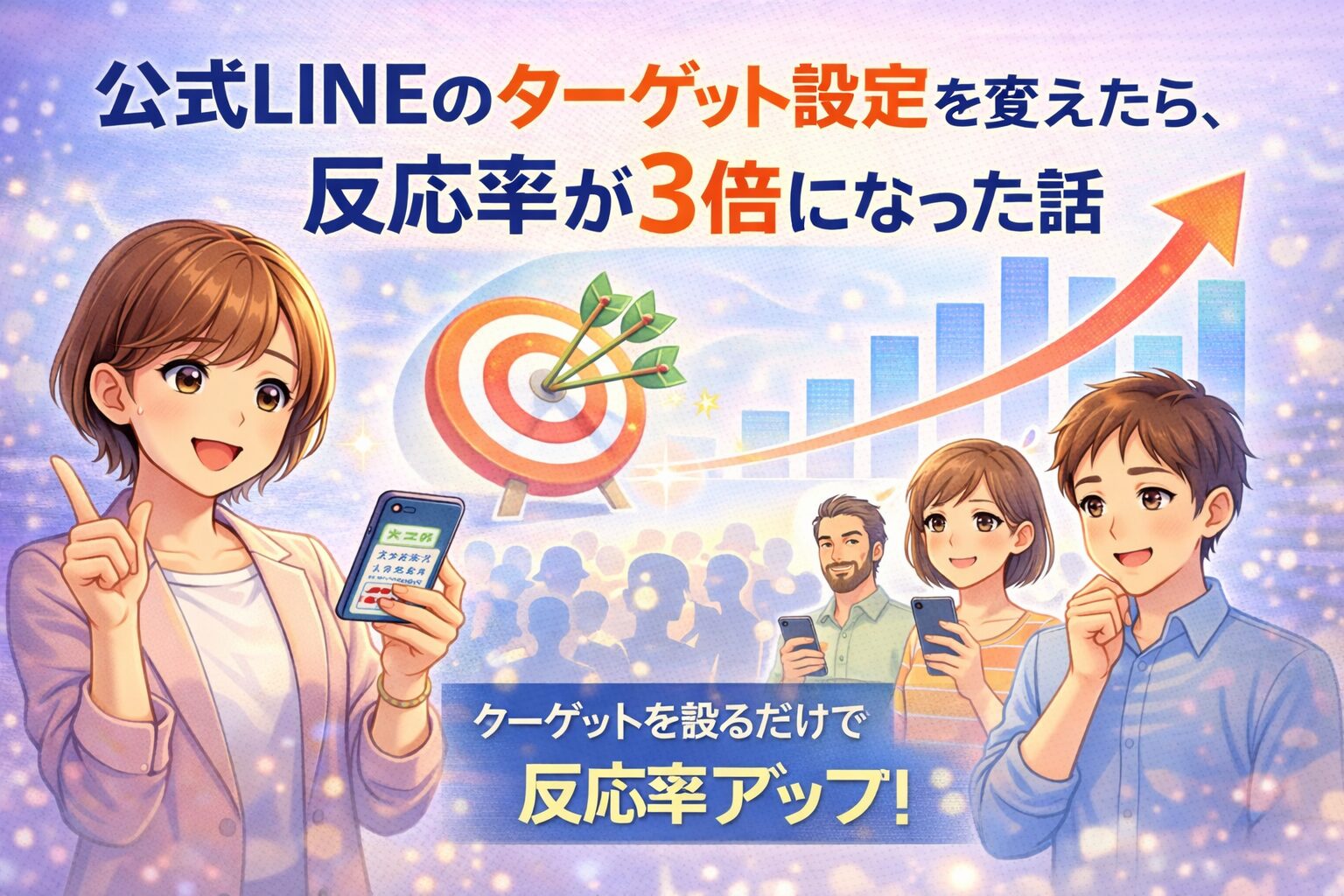 公式LINEのターゲット設定を見直し、的を絞った配信によって反応率が大きく向上する様子を、スマホと成長グラフで示している