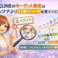 公式LINEのターゲット設定において、ペルソナではなく反応した人の行動データを拡大して確認し、成果につながる層へ寄せる考え方を示している