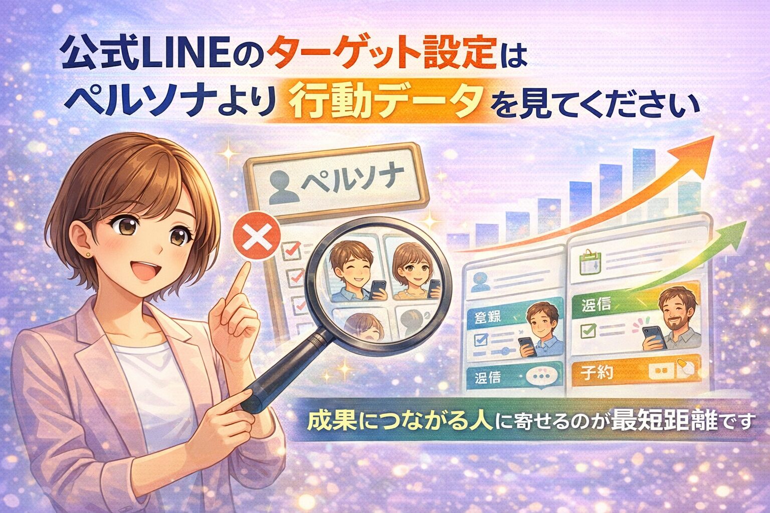 公式LINEのターゲット設定において、ペルソナではなく反応した人の行動データを拡大して確認し、成果につながる層へ寄せる考え方を示している