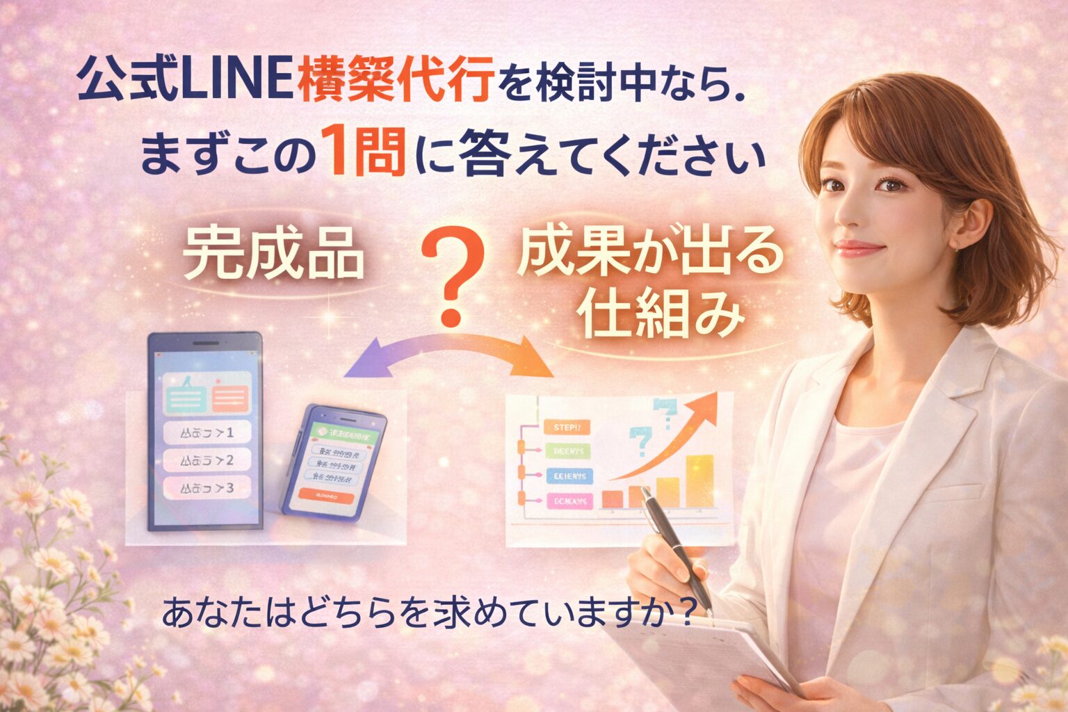 公式LINE構築代行を検討する際に、完成品か成果が出る仕組みかを問いかける女性と、導線設計や改善イメージを対比して示す構成