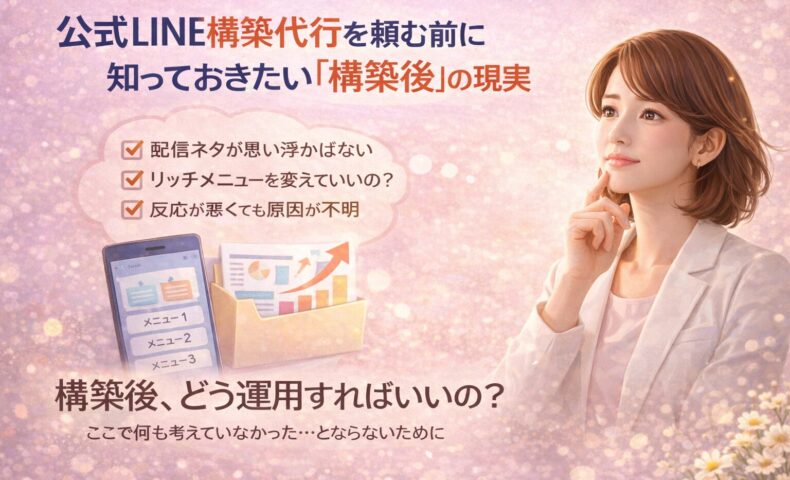 公式LINE構築代行を検討する女性が、構築後の運用や配信内容に悩みながら、スマートフォン画面とチェック項目を見て考え込む様子