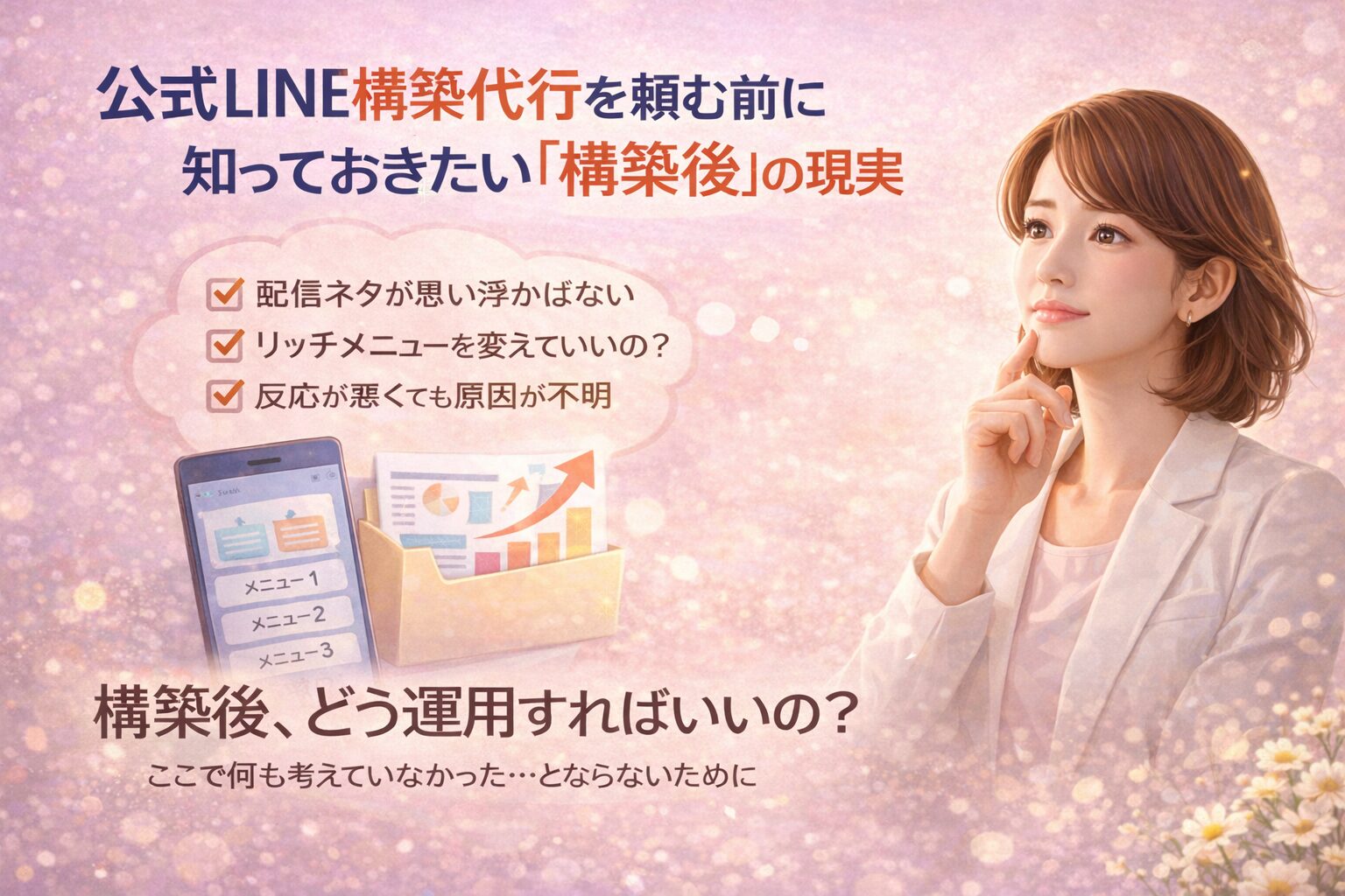 公式LINE構築代行を検討する女性が、構築後の運用や配信内容に悩みながら、スマートフォン画面とチェック項目を見て考え込む様子