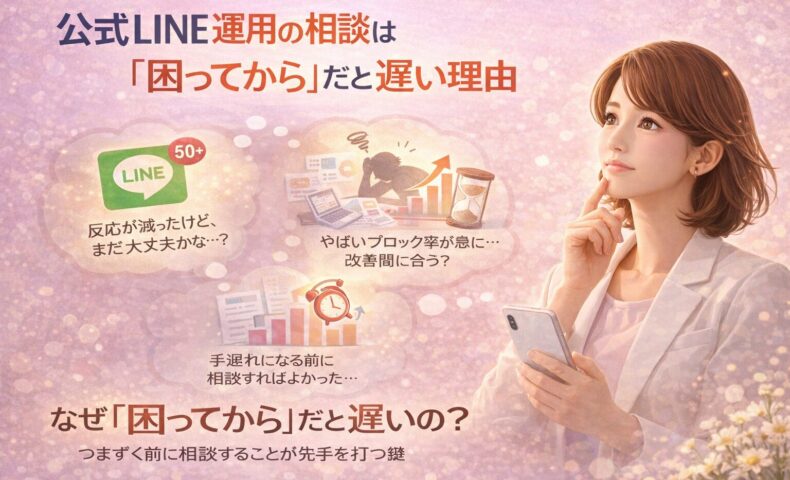 スマートフォンを手に悩む女性と複数の思考要素が描かれ、公式LINE運用相談を困る前に行う重要性と判断の遅れが示されている