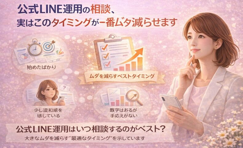 公式LINEの運用相談を検討する女性が、柔らかな表情で考え込む姿を通して、早めの相談が無駄を減らす重要性を示している構図