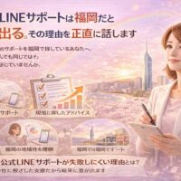 福岡の街並みを背景に、公式LINEサポートの現場対応や設計力、地域性理解の重要性を伝え、相談先によって成果に差が出る理由を示している