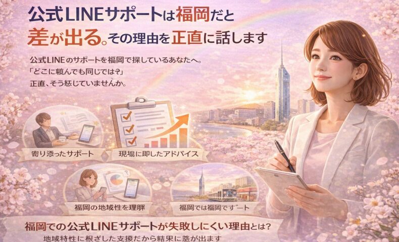 福岡の街並みを背景に、公式LINEサポートの現場対応や設計力、地域性理解の重要性を伝え、相談先によって成果に差が出る理由を示している