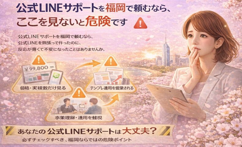 公式LINEサポートを福岡で検討する事業者が、価格や実績だけで判断する危険性や運用設計不足のリスクに気づく構図を表現している