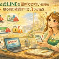 福岡の店舗オーナーがスマホを見つめ公式LINE更新できない状況に悩み、PCのエラー表示や未反映アイコンを前に確認している様子