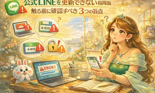 福岡の店舗オーナーがスマホを見つめ公式LINE更新できない状況に悩み、PCのエラー表示や未反映アイコンを前に確認している様子