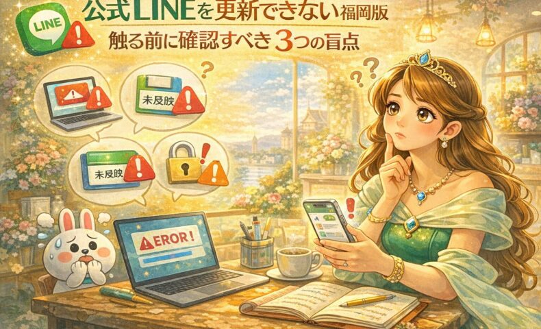 福岡の店舗オーナーがスマホを見つめ公式LINE更新できない状況に悩み、PCのエラー表示や未反映アイコンを前に確認している様子