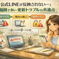 パソコンとスマホの画面を前に困惑する店舗オーナーと、公式LINE 更新 できない 福岡の原因チェック項目を示した構成図