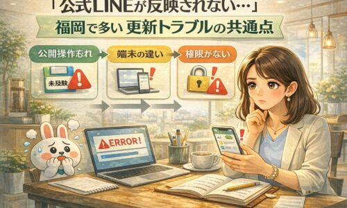 パソコンとスマホの画面を前に困惑する店舗オーナーと、公式LINE 更新 できない 福岡の原因チェック項目を示した構成図
