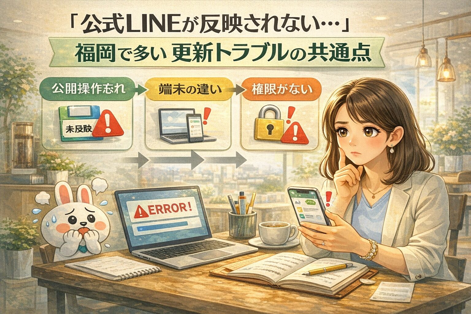 パソコンとスマホの画面を前に困惑する店舗オーナーと、公式LINE 更新 できない 福岡の原因チェック項目を示した構成図