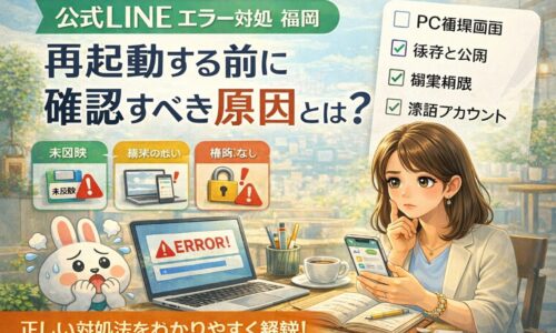 公式LINEのエラーに悩む福岡の店舗オーナーが、再起動前に確認すべき操作環境・保存公開・権限を整理している様子