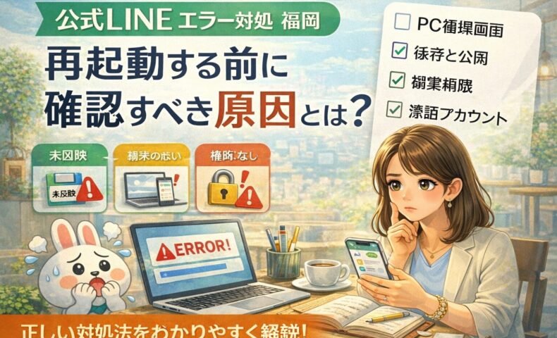 公式LINEのエラーに悩む福岡の店舗オーナーが、再起動前に確認すべき操作環境・保存公開・権限を整理している様子