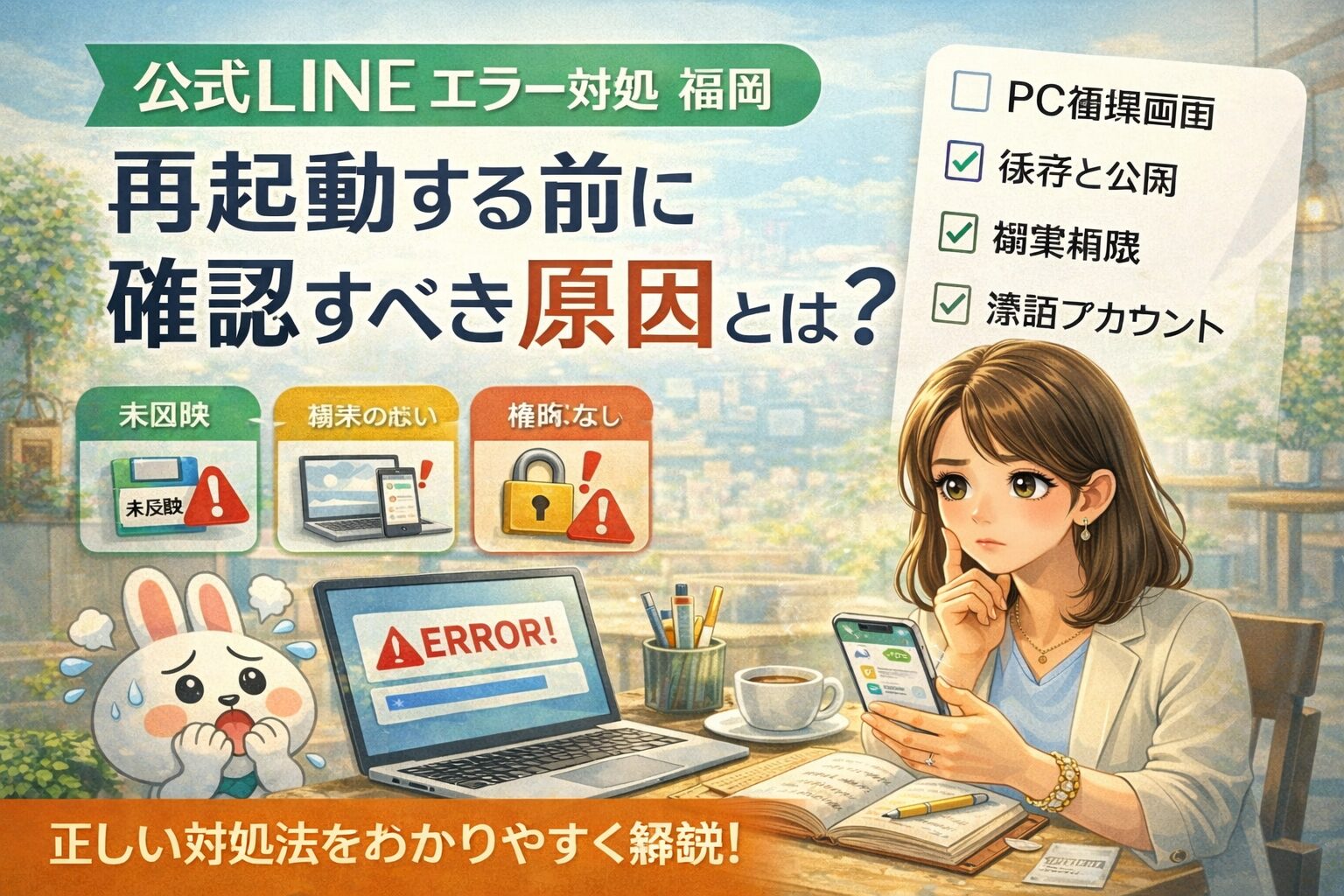 公式LINEのエラーに悩む福岡の店舗オーナーが、再起動前に確認すべき操作環境・保存公開・権限を整理している様子