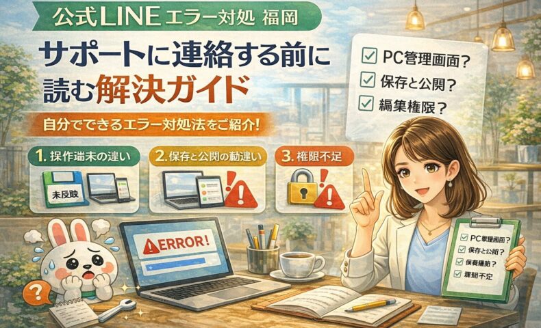 公式LINEのエラーに直面した福岡の店舗オーナーが、サポート連絡前に端末・保存公開・権限を確認している状況