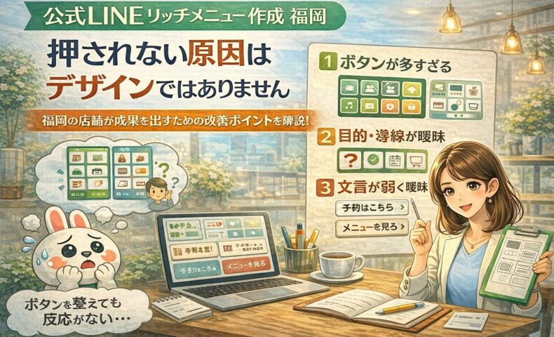 公式LINEリッチメニュー作成で成果が出ない福岡の店舗が、ボタン数や導線、文言設計の問題点を整理して確認している状況