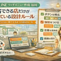 公式LINEリッチメニュー作成で集客差が出る福岡の店舗が、ボタン数や強弱、文言と視線設計のルールを整理して確認している様子