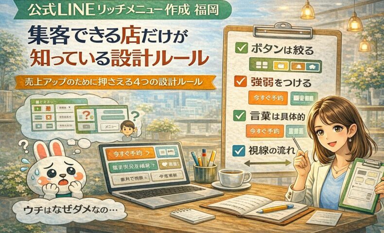 公式LINEリッチメニュー作成で集客差が出る福岡の店舗が、ボタン数や強弱、文言と視線設計のルールを整理して確認している様子