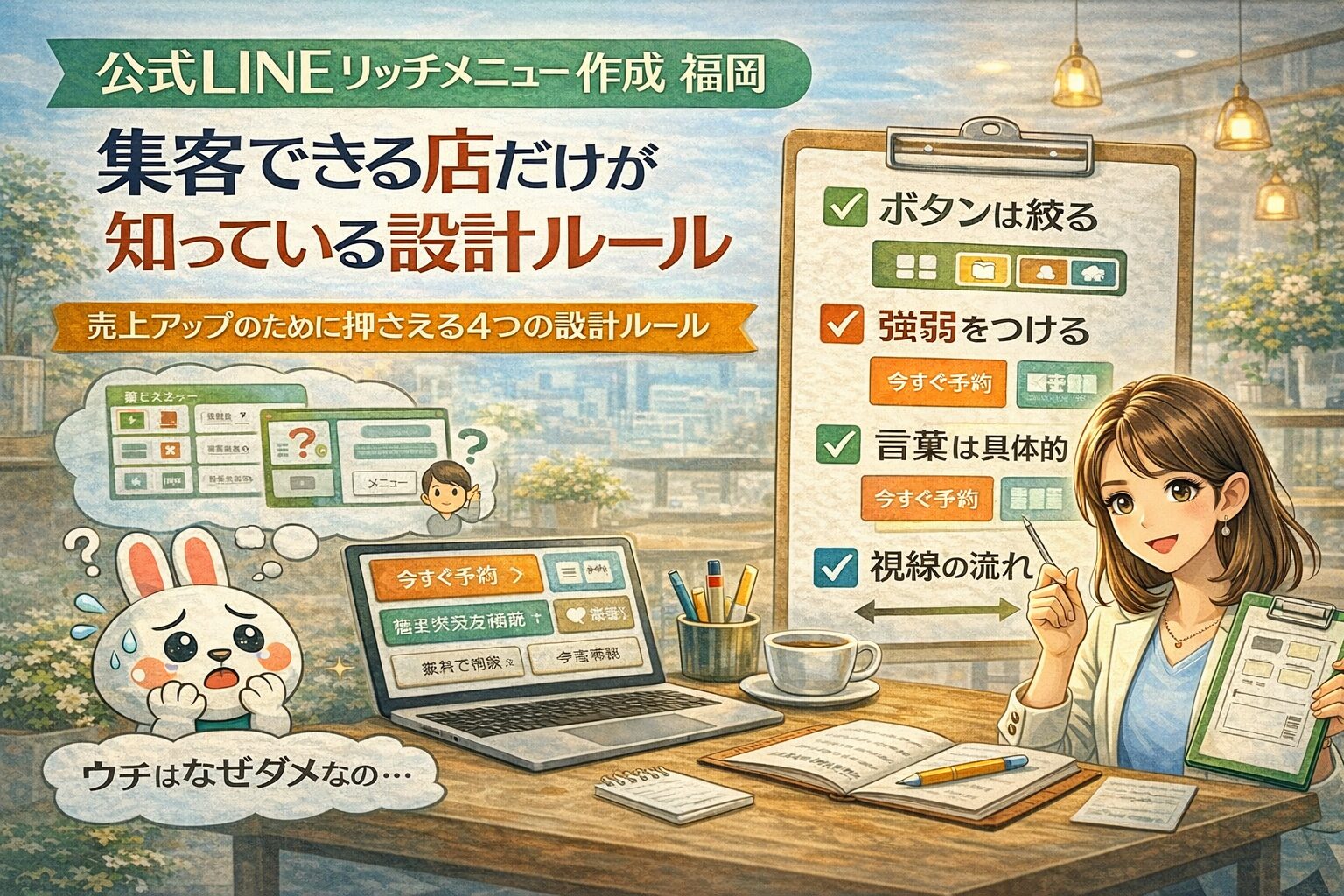 公式LINEリッチメニュー作成で集客差が出る福岡の店舗が、ボタン数や強弱、文言と視線設計のルールを整理して確認している様子
