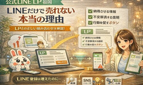公式LINE LP 福岡の考え方として、LINE単体では売れず、LPで納得と判断材料を補完する導線構造を整理して示している状況