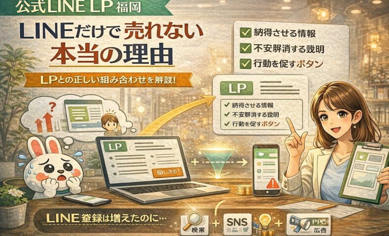 公式LINE LP 福岡の考え方として、LINE単体では売れず、LPで納得と判断材料を補完する導線構造を整理して示している状況