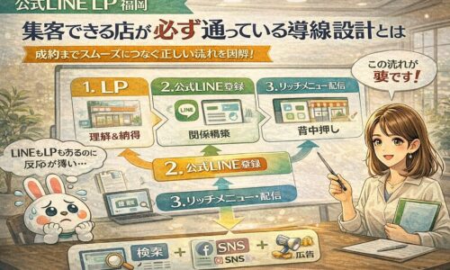 公式LINE LP 福岡における集客導線を示し、LPでの理解と納得から公式LINE登録、行動促進までの流れを段階的に整理した構成図
