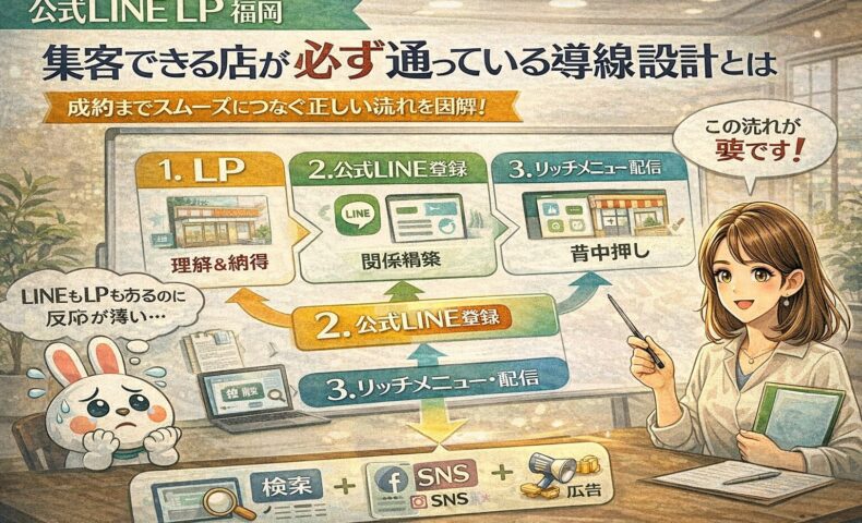 公式LINE LP 福岡における集客導線を示し、LPでの理解と納得から公式LINE登録、行動促進までの流れを段階的に整理した構成図