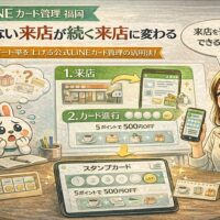 公式LINEのカード管理を活用し、来店履歴を可視化して自動フォローにつなげる流れを示す構成。福岡の店舗向けに継続来店を仕組み化する考え方が伝わる設計