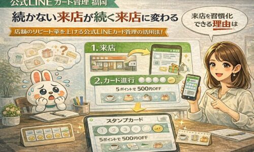公式LINEのカード管理を活用し、来店履歴を可視化して自動フォローにつなげる流れを示す構成。福岡の店舗向けに継続来店を仕組み化する考え方が伝わる設計