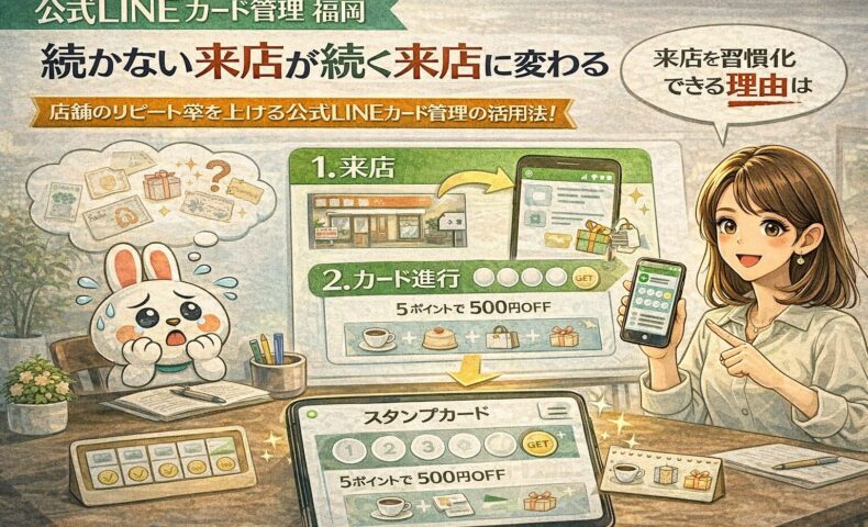公式LINEのカード管理を活用し、来店履歴を可視化して自動フォローにつなげる流れを示す構成。福岡の店舗向けに継続来店を仕組み化する考え方が伝わる設計