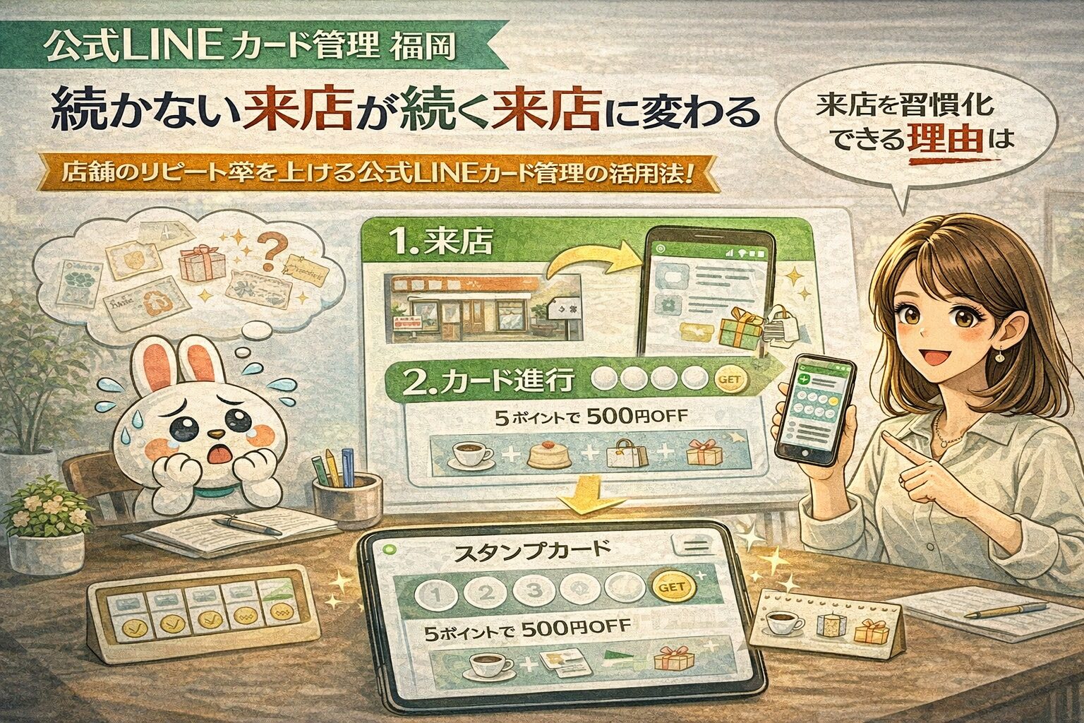 公式LINEのカード管理を活用し、来店履歴を可視化して自動フォローにつなげる流れを示す構成。福岡の店舗向けに継続来店を仕組み化する考え方が伝わる設計