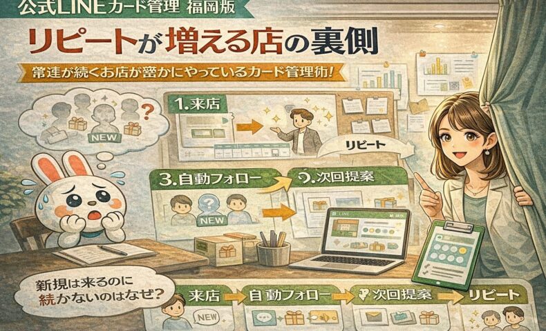 公式LINEのカード管理を使い、来店履歴を可視化しながら自動フォローでリピートを促す流れを示す構成。福岡の店舗向けに継続来店を仕組み化する考え方を表現