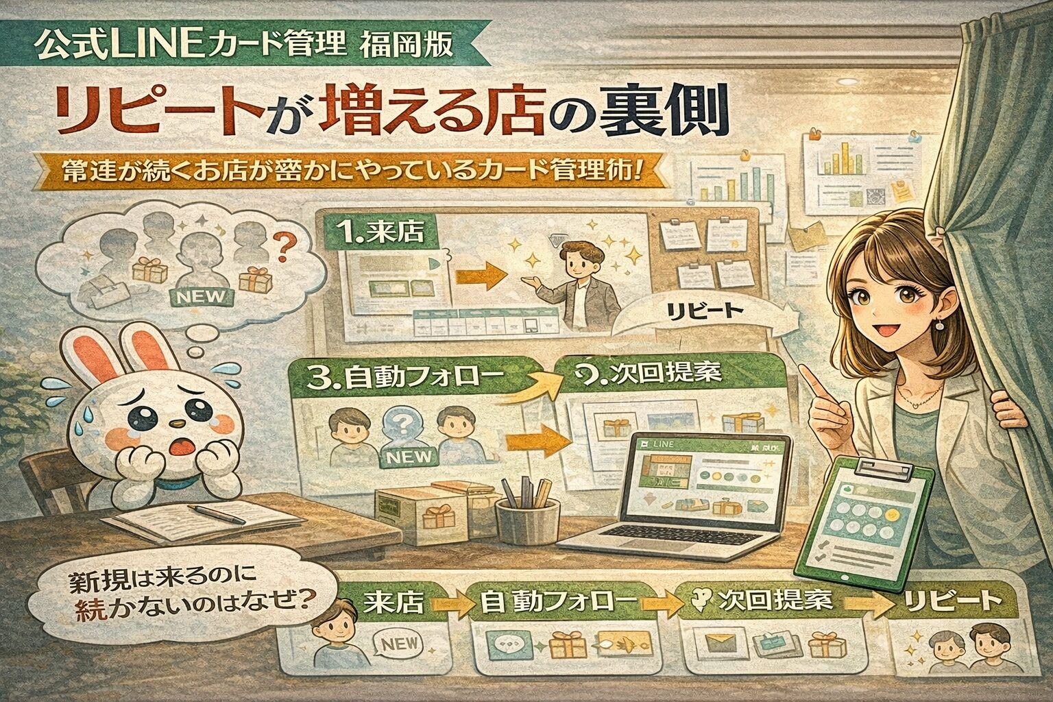公式LINEのカード管理を使い、来店履歴を可視化しながら自動フォローでリピートを促す流れを示す構成。福岡の店舗向けに継続来店を仕組み化する考え方を表現
