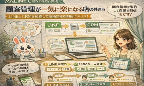 公式LINEとCRMを連携し、来店履歴や顧客行動が自動で蓄積され、配信と対応が整理される仕組みを示す公式LINE CRM 連携 福岡の全体像