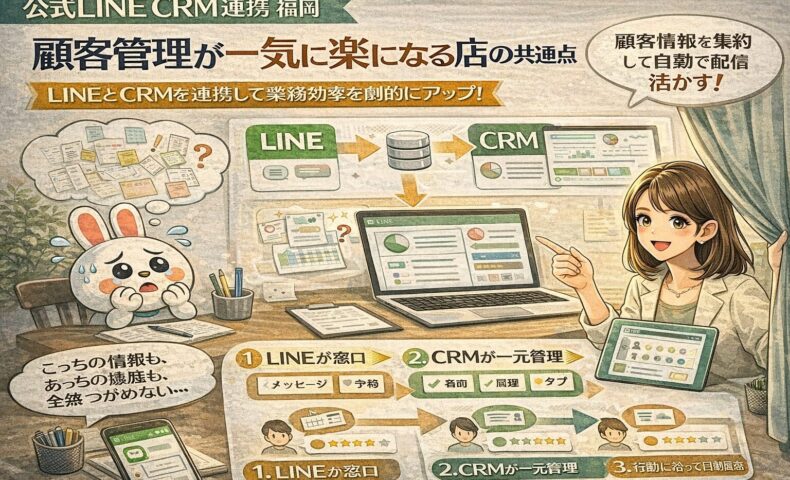 公式LINEとCRMを連携し、来店履歴や顧客行動が自動で蓄積され、配信と対応が整理される仕組みを示す公式LINE CRM 連携 福岡の全体像