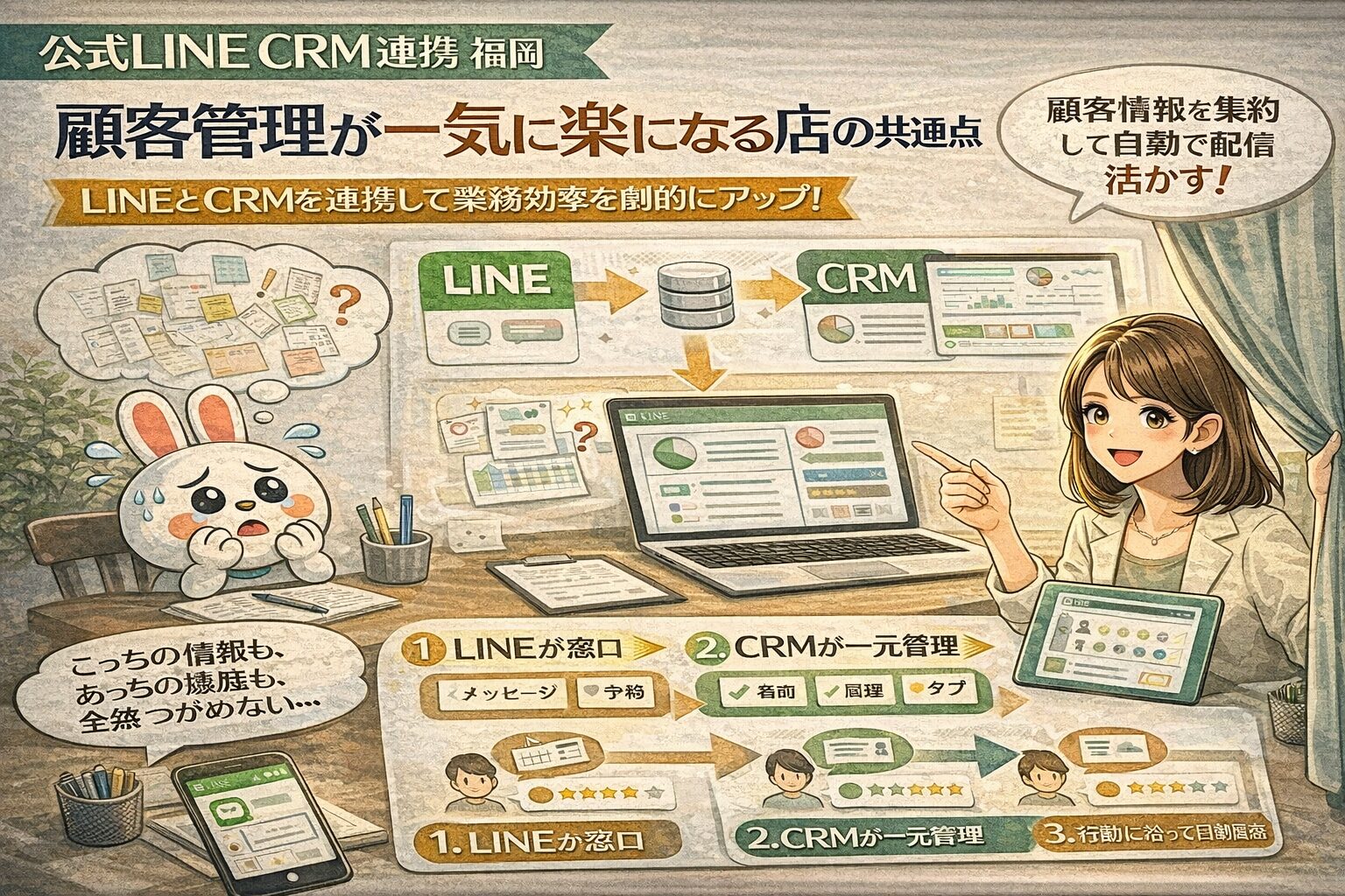 公式LINEとCRMを連携し、来店履歴や顧客行動が自動で蓄積され、配信と対応が整理される仕組みを示す公式LINE CRM 連携 福岡の全体像