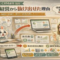 公式LINE CRM 連携 福岡の考え方を示し、女性がデータ画面を指しながら感覚経営から数字判断へ切り替える流れを整理した構図