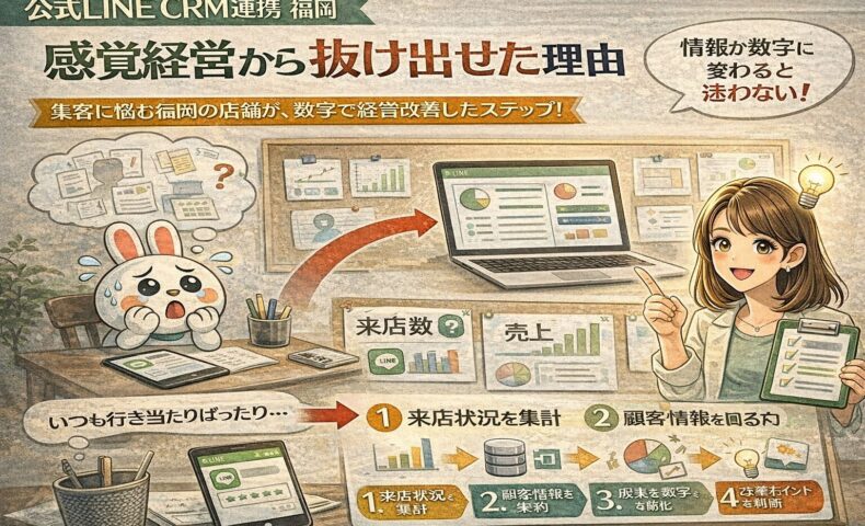 公式LINE CRM 連携 福岡の考え方を示し、女性がデータ画面を指しながら感覚経営から数字判断へ切り替える流れを整理した構図
