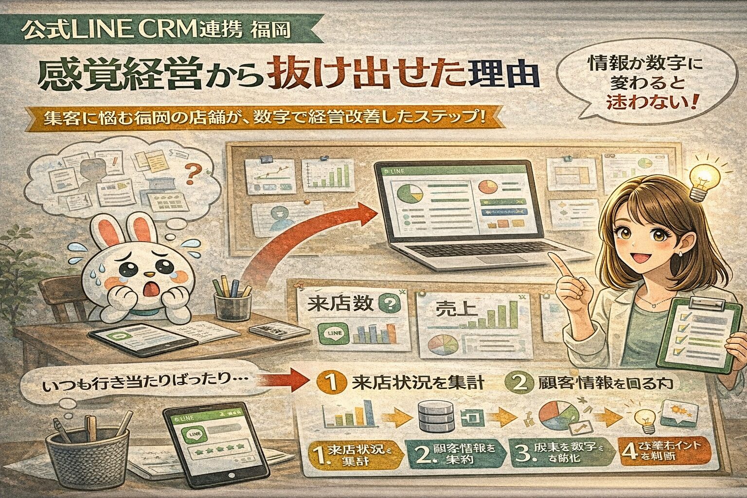 公式LINE CRM 連携 福岡の考え方を示し、女性がデータ画面を指しながら感覚経営から数字判断へ切り替える流れを整理した構図