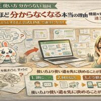 公式LINE 使い方 わからない 福岡で悩む事業者が、機能に迷いながらも使い道を整理し、考える順番の重要性に気づく状況を示している構成